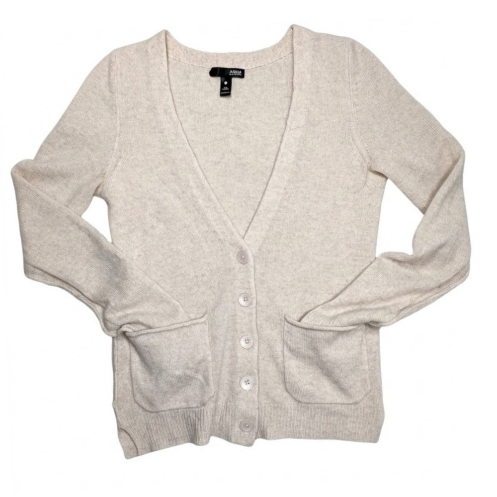 Aqua Womens Cardigan Sweater 100% Cashmere Beige V-Neck Button Front Pockets S